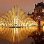 The glass pyramid outside the Louvre in Paris.