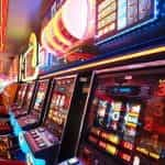 Slot machines in a gaming room, lit up in red light.